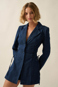 Blue Chip Denim Lace-Up Buttoned Blazer Romper - ShopPromesa