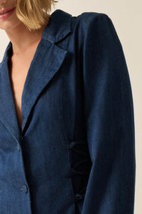 Blue Chip Denim Lace-Up Buttoned Blazer Romper - ShopPromesa