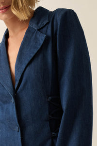 Blue Chip Denim Lace-Up Buttoned Blazer Romper - ShopPromesa