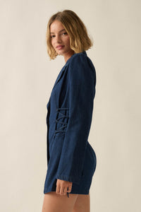 Blue Chip Denim Lace-Up Buttoned Blazer Romper - ShopPromesa