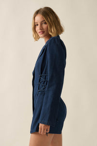 Blue Chip Denim Lace-Up Buttoned Blazer Romper - ShopPromesa