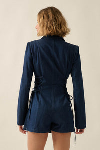 Blue Chip Denim Lace-Up Buttoned Blazer Romper - ShopPromesa