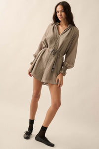 Poetic Heart Jacquard Peasant-Sleeve Belted Romper - ShopPromesa