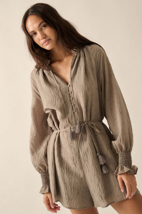 Poetic Heart Jacquard Peasant-Sleeve Belted Romper - ShopPromesa