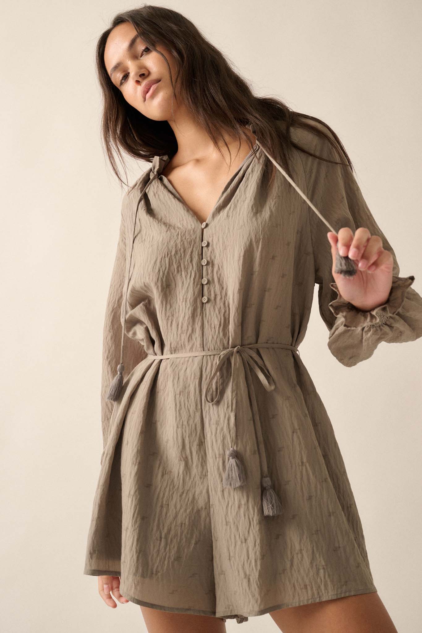 Poetic Heart Jacquard Peasant-Sleeve Belted Romper - ShopPromesa