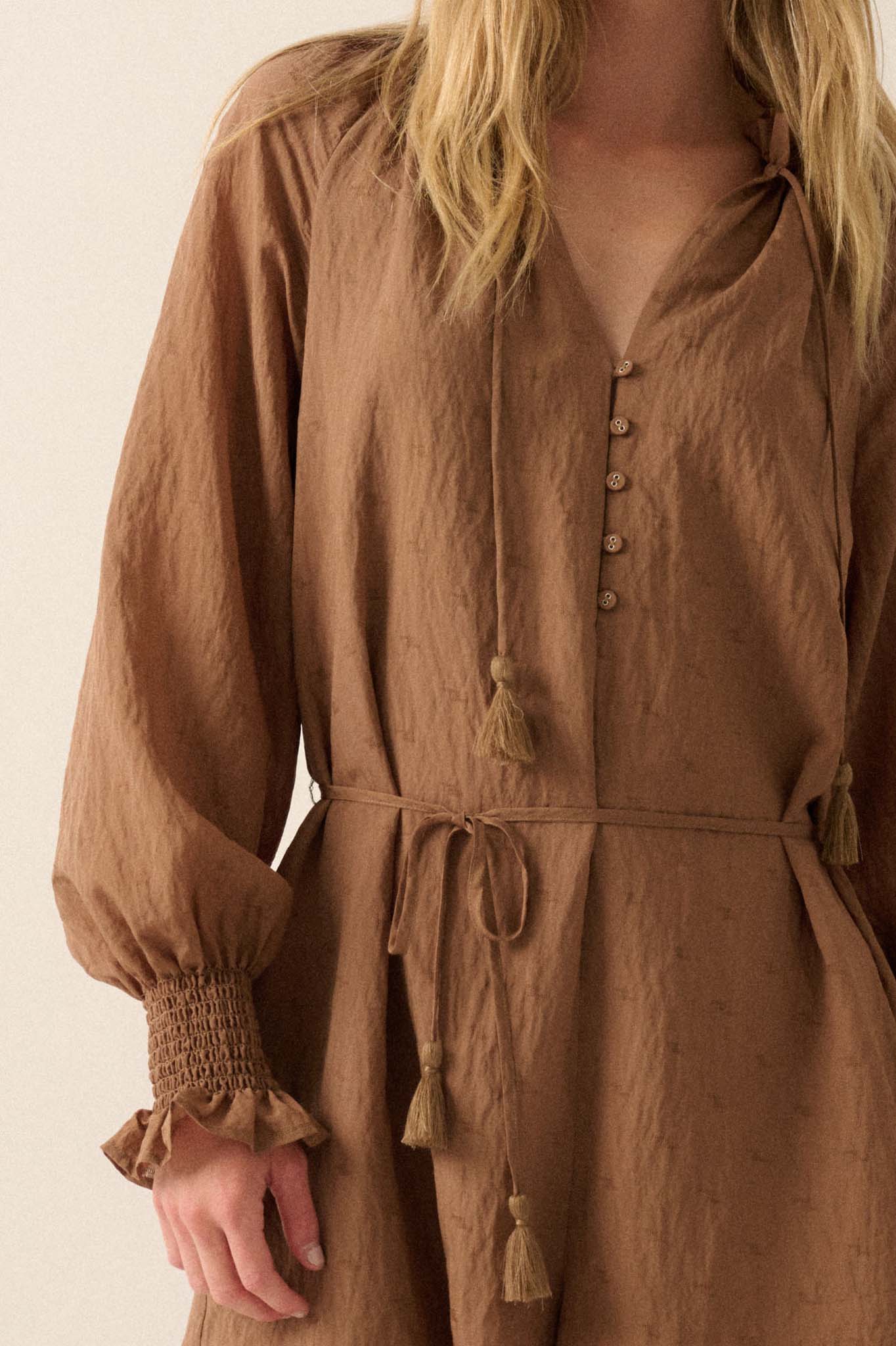 Poetic Heart Jacquard Peasant-Sleeve Belted Romper - ShopPromesa