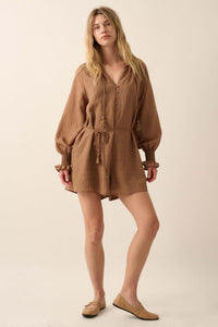 Poetic Heart Jacquard Peasant-Sleeve Belted Romper - ShopPromesa