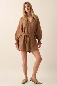 Poetic Heart Jacquard Peasant-Sleeve Belted Romper - ShopPromesa