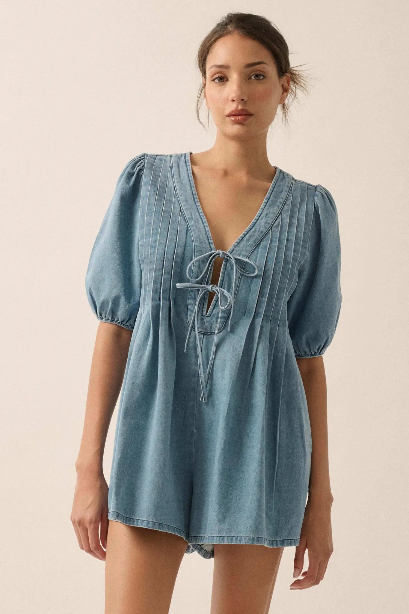 Denim Princess Pleated Puff-Sleeve Babydoll Romper - ShopPromesa