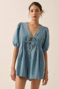 Denim Princess Pleated Puff-Sleeve Babydoll Romper - ShopPromesa
