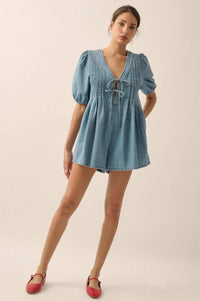 Denim Princess Pleated Puff-Sleeve Babydoll Romper - ShopPromesa