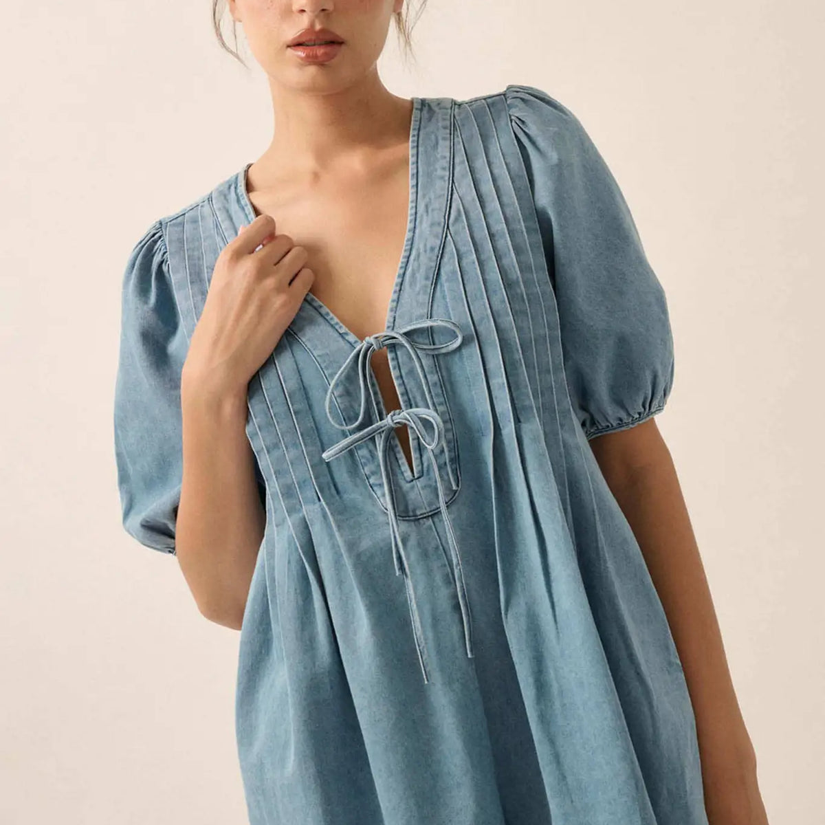 Denim Princess Pleated Puff-Sleeve Babydoll Romper