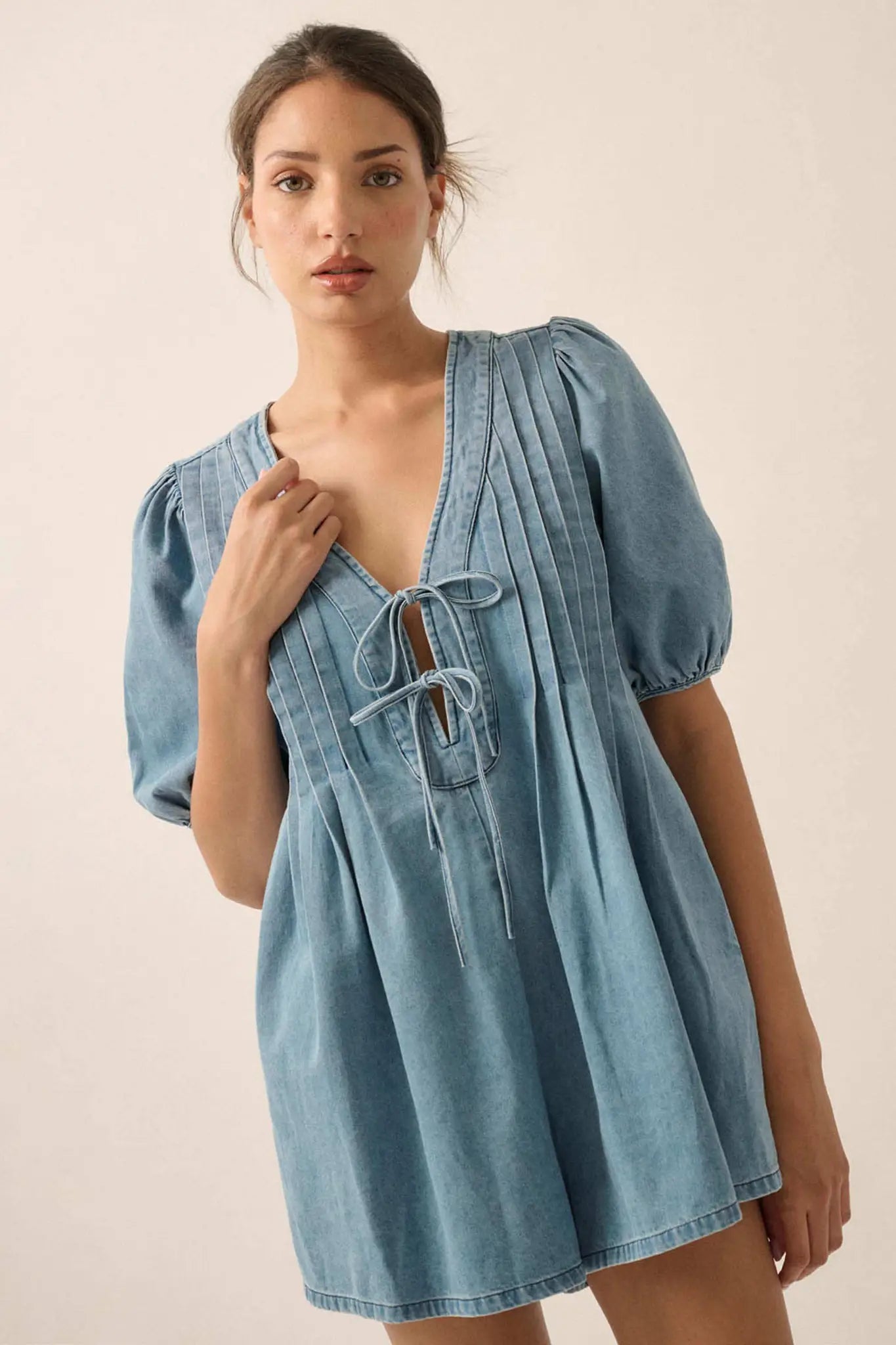 Denim Princess Pleated Puff-Sleeve Babydoll Romper, Denim Blue / M