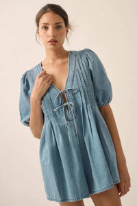 Denim Princess Pleated Puff-Sleeve Babydoll Romper - ShopPromesa