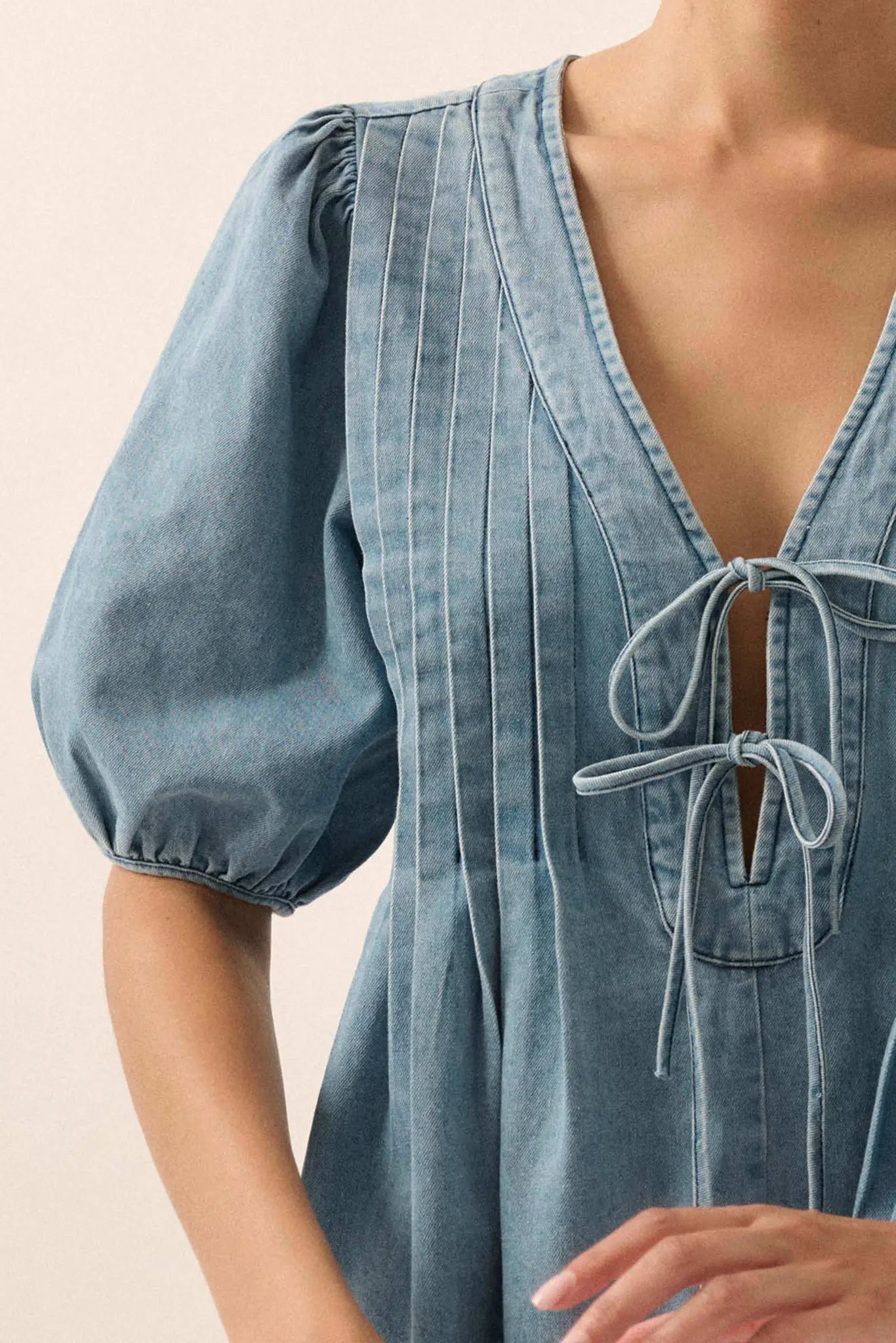 Denim Princess Pleated Puff-Sleeve Babydoll Romper - ShopPromesa