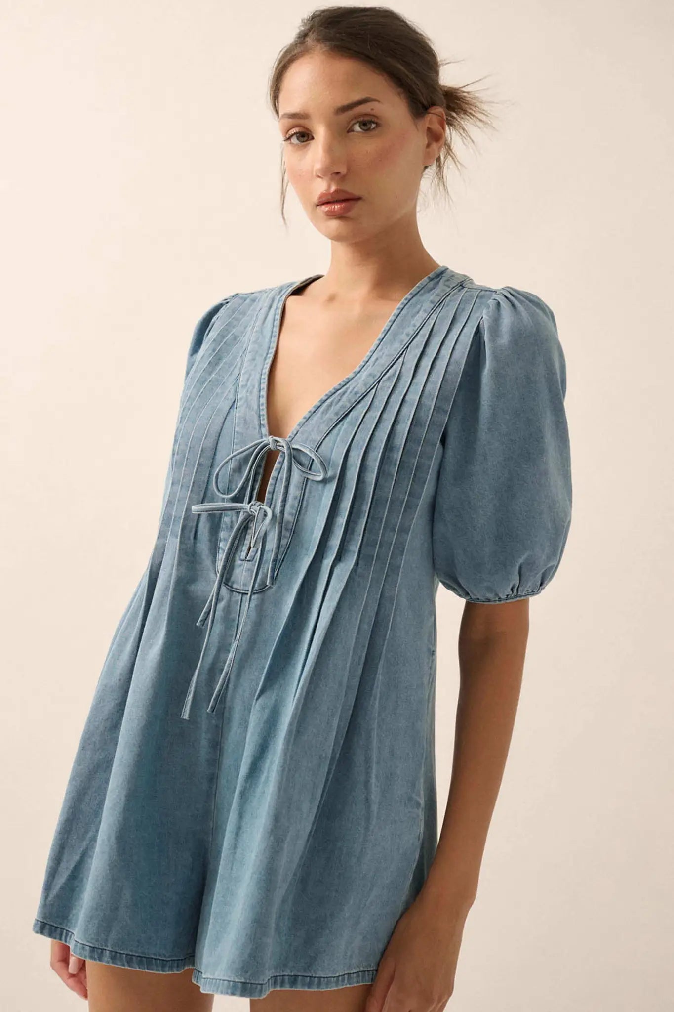 Denim Princess Pleated Puff-Sleeve Babydoll Romper Denim Blue / M Denim Princess Pleated Puff-Sleeve Babydoll Romper Denim Blue / M
