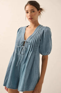 Denim Princess Pleated Puff-Sleeve Babydoll Romper - ShopPromesa