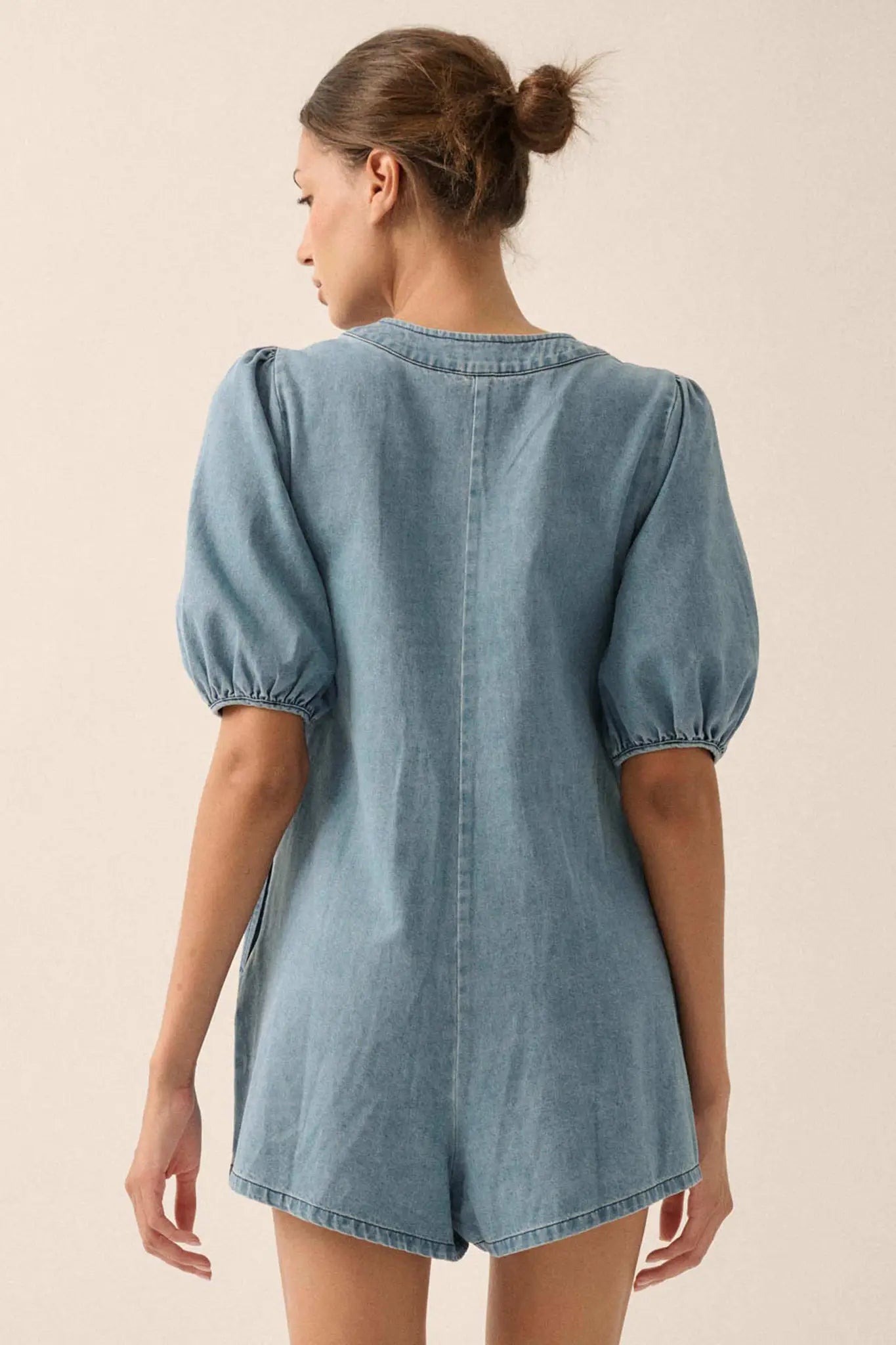 Denim Princess Pleated Puff-Sleeve Babydoll Romper - ShopPromesa