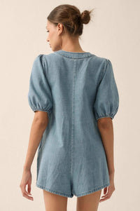 Denim Princess Pleated Puff-Sleeve Babydoll Romper - ShopPromesa