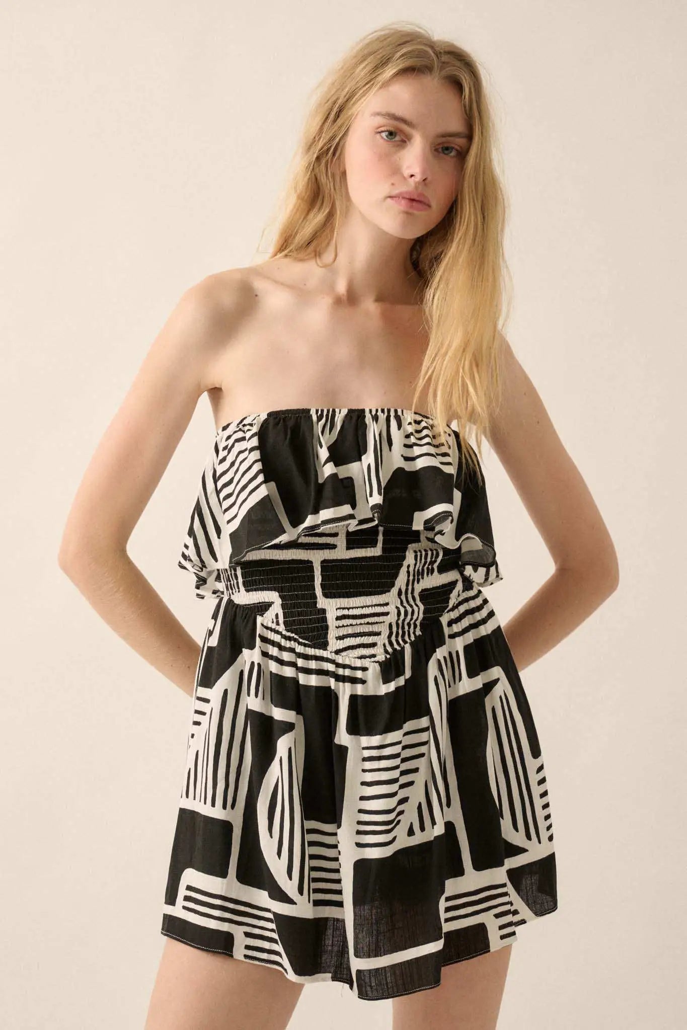 Shape of You Geo-Print Strapless Flounce Romper - ShopPromesa