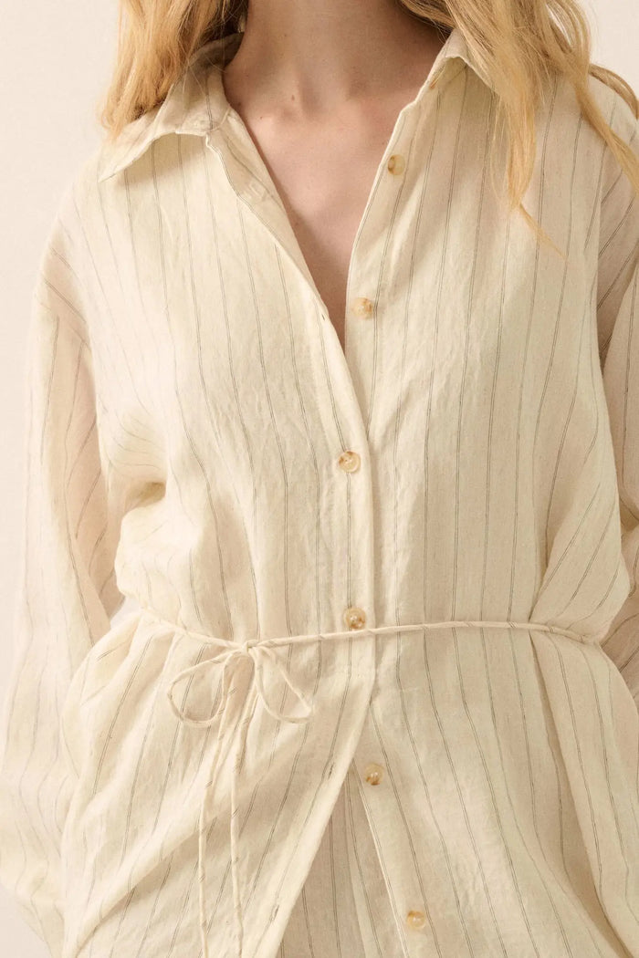 Line Item Pinstripe Belted Button-Up Shirt Romper - ShopPromesa