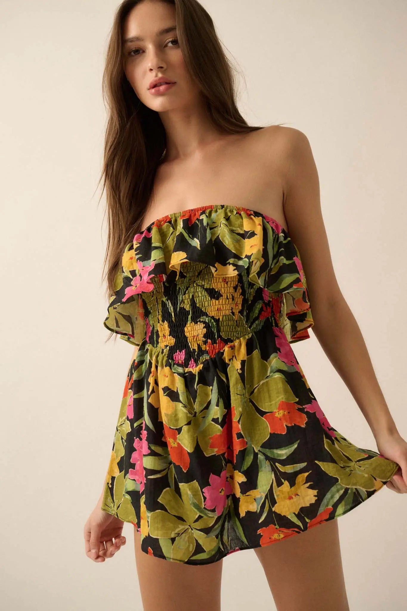 Lei'd Back Tropical Floral Strapless Romper - ShopPromesa