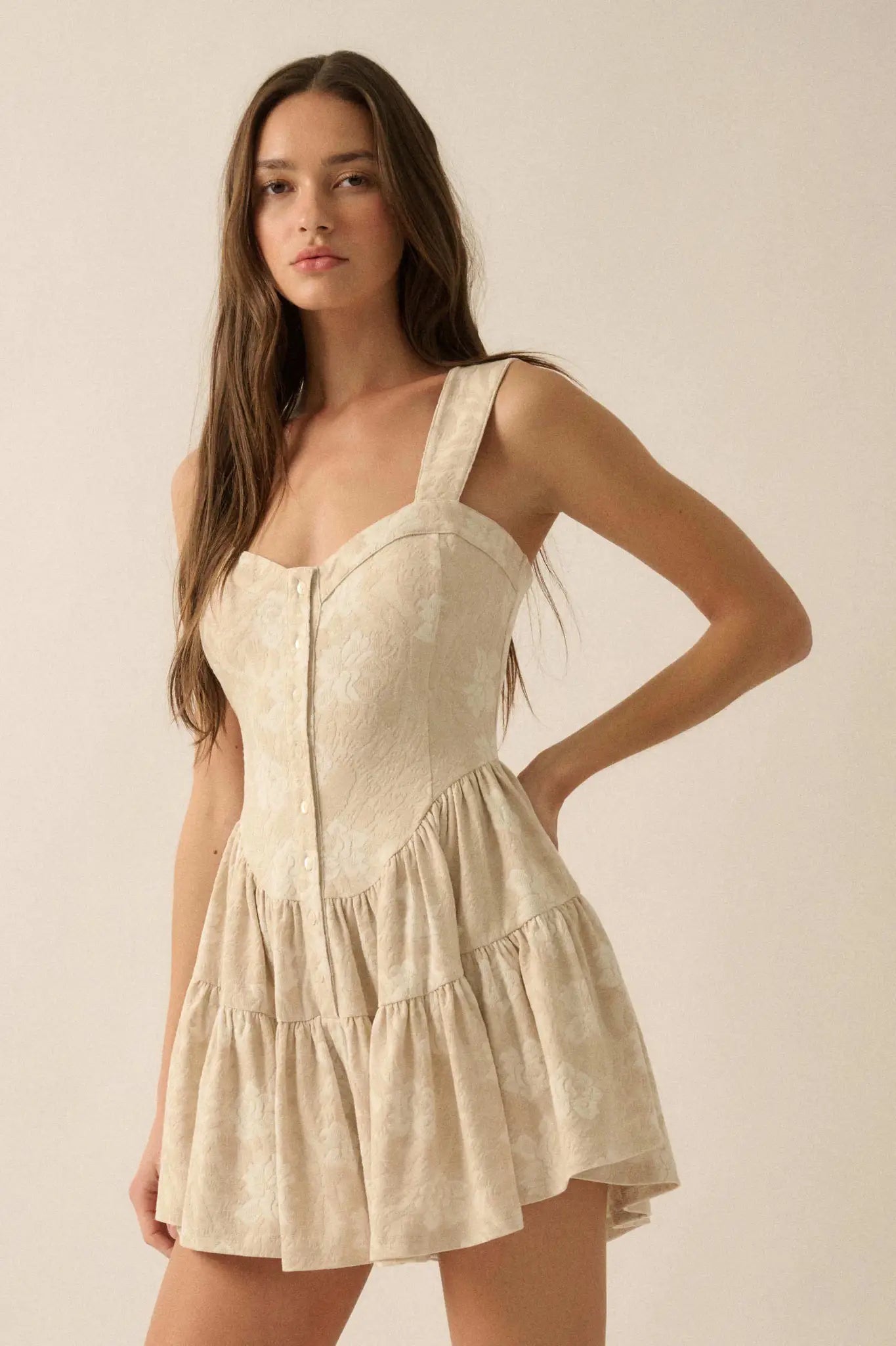 Jacquard Garden Floral Tapestry Ruffled Romper - ShopPromesa