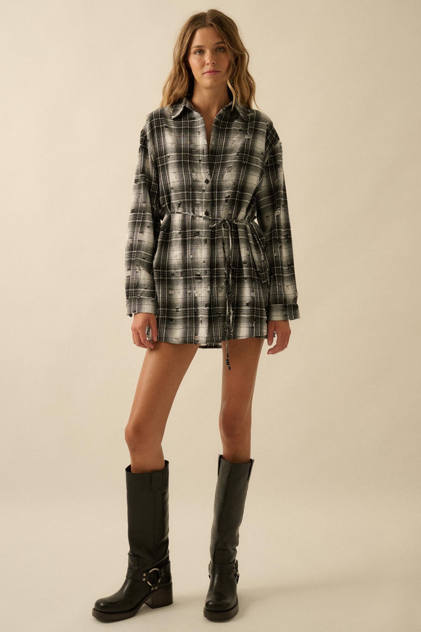 By the Fire Distressed Plaid Flannel Shirt Romper - ShopPromesa