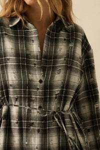 By the Fire Distressed Plaid Flannel Shirt Romper - ShopPromesa