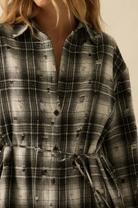 By the Fire Distressed Plaid Flannel Shirt Romper - ShopPromesa