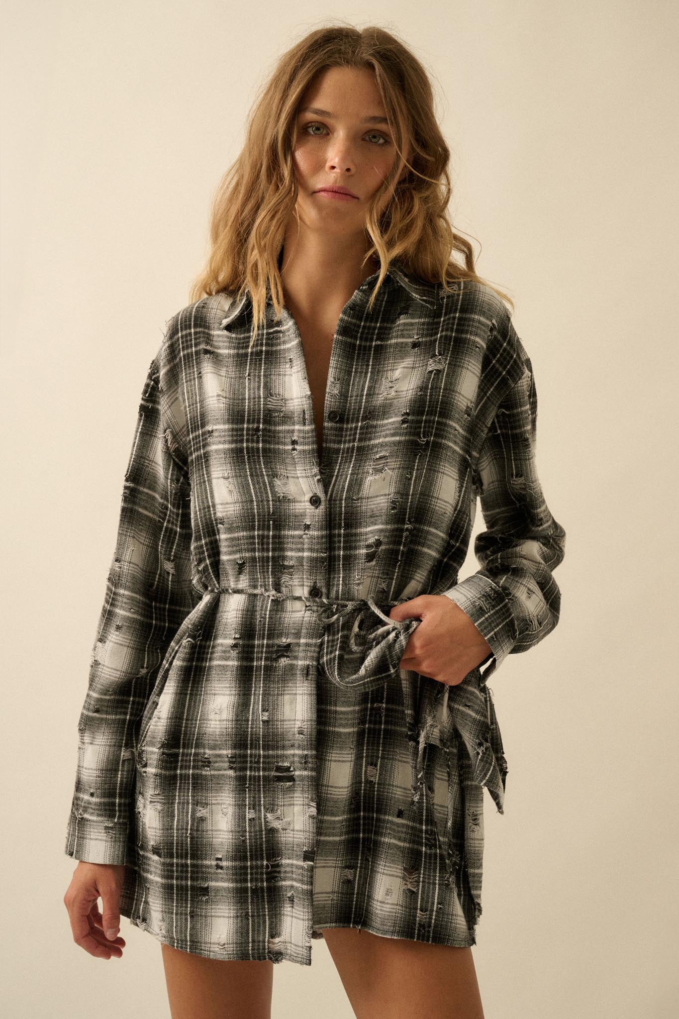 By the Fire Distressed Plaid Flannel Shirt Romper - ShopPromesa