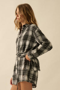 By the Fire Distressed Plaid Flannel Shirt Romper - ShopPromesa