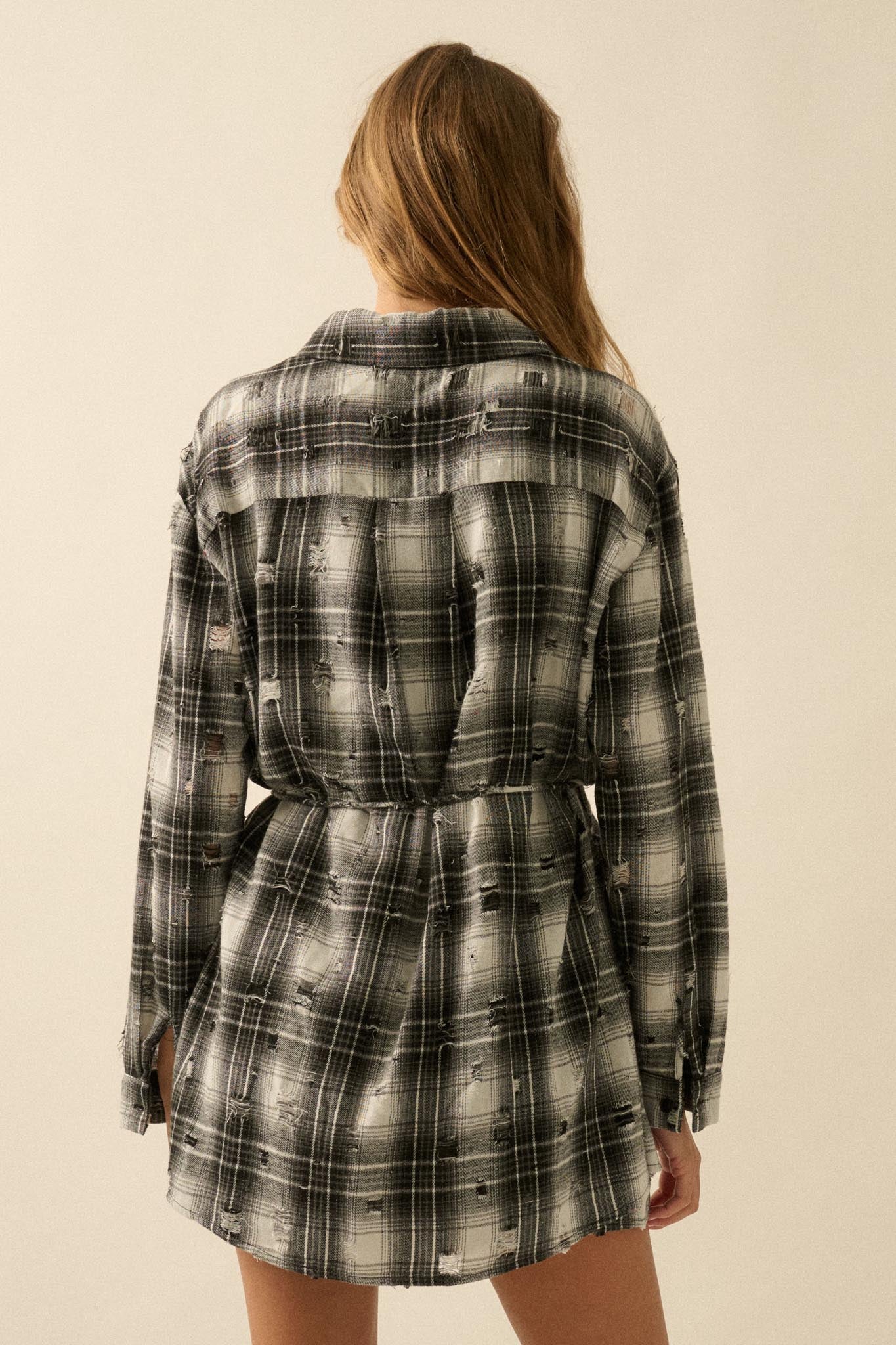 By the Fire Distressed Plaid Flannel Shirt Romper - ShopPromesa