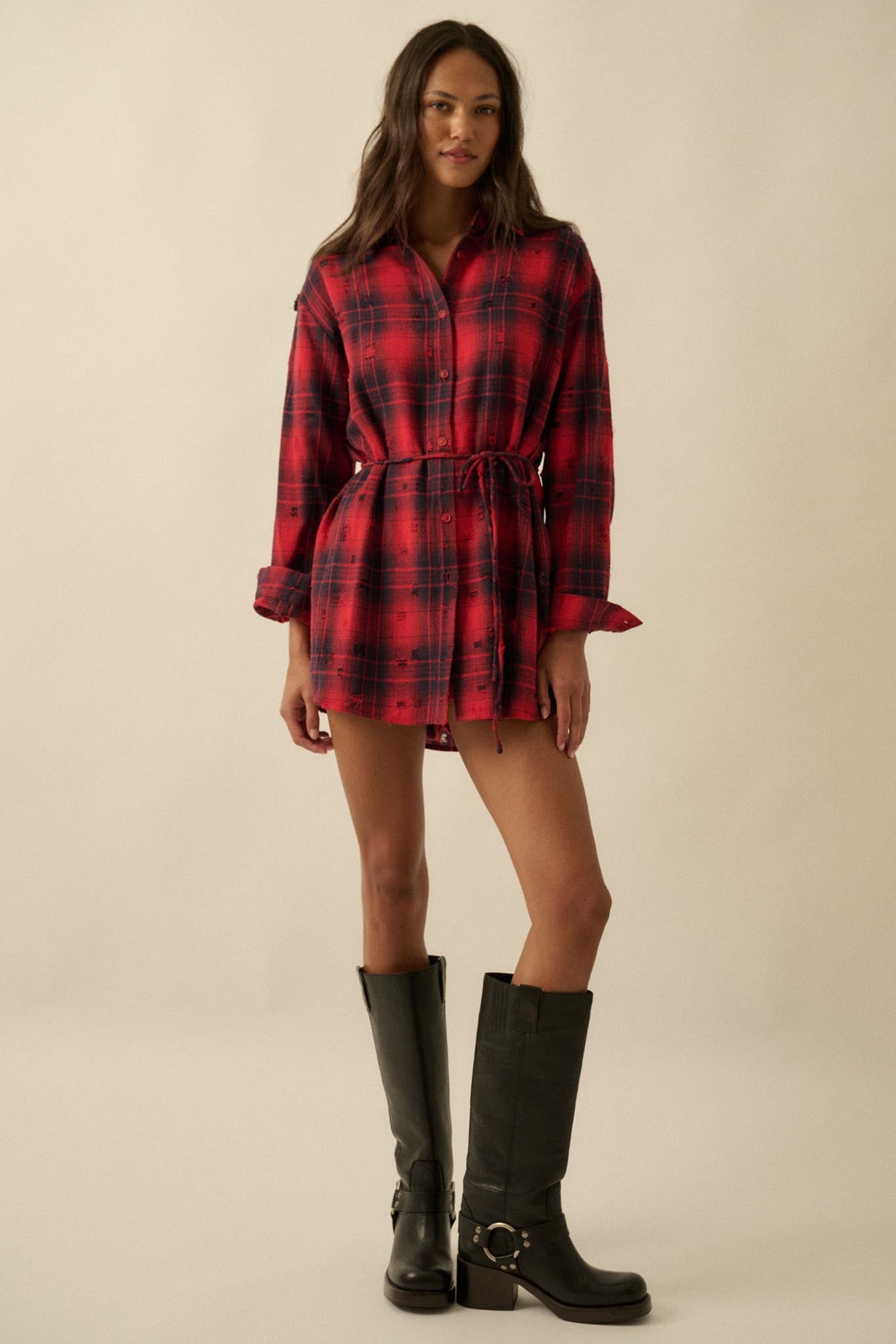 By the Fire Distressed Plaid Flannel Shirt Romper - ShopPromesa
