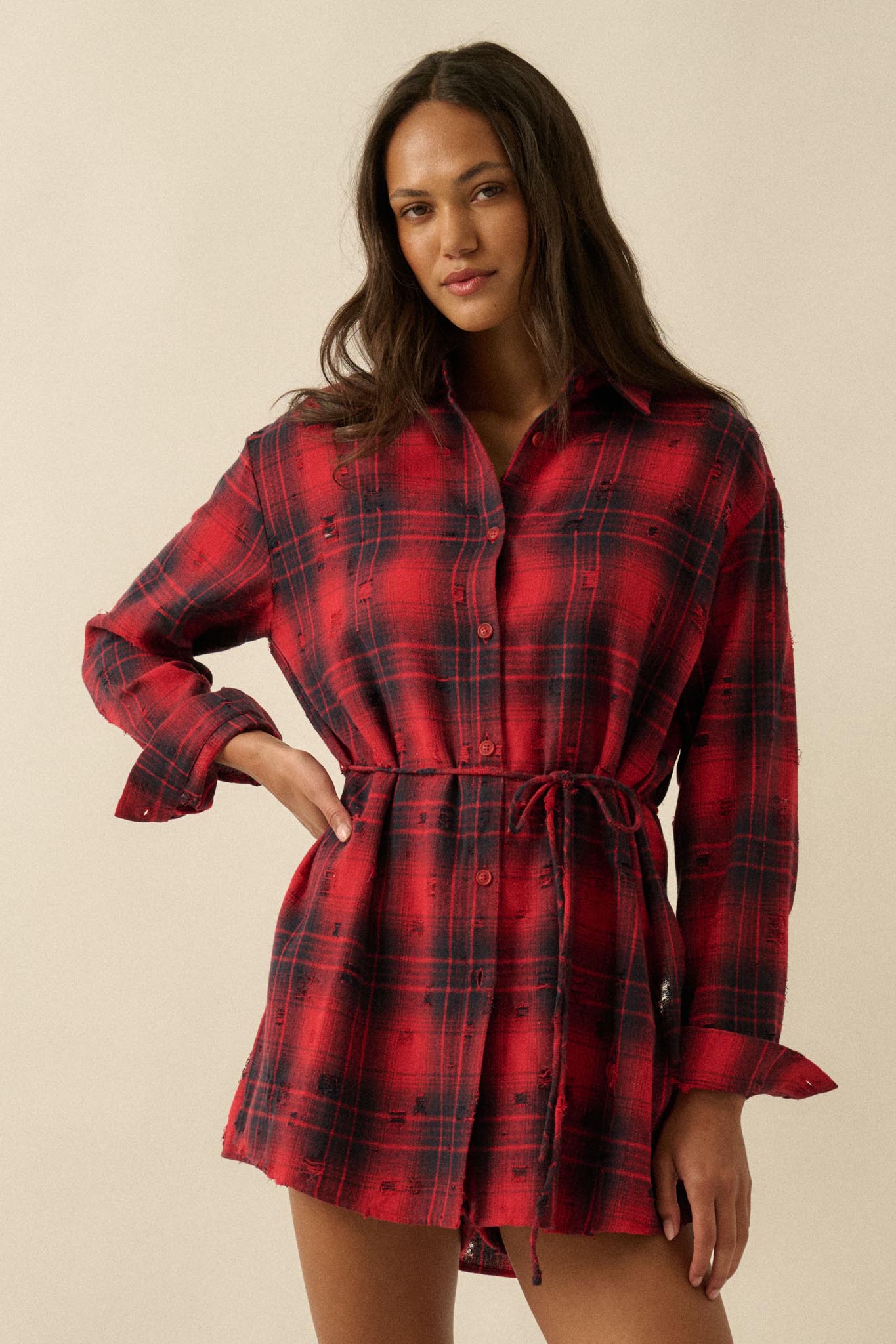 By the Fire Distressed Plaid Flannel Shirt Romper - ShopPromesa