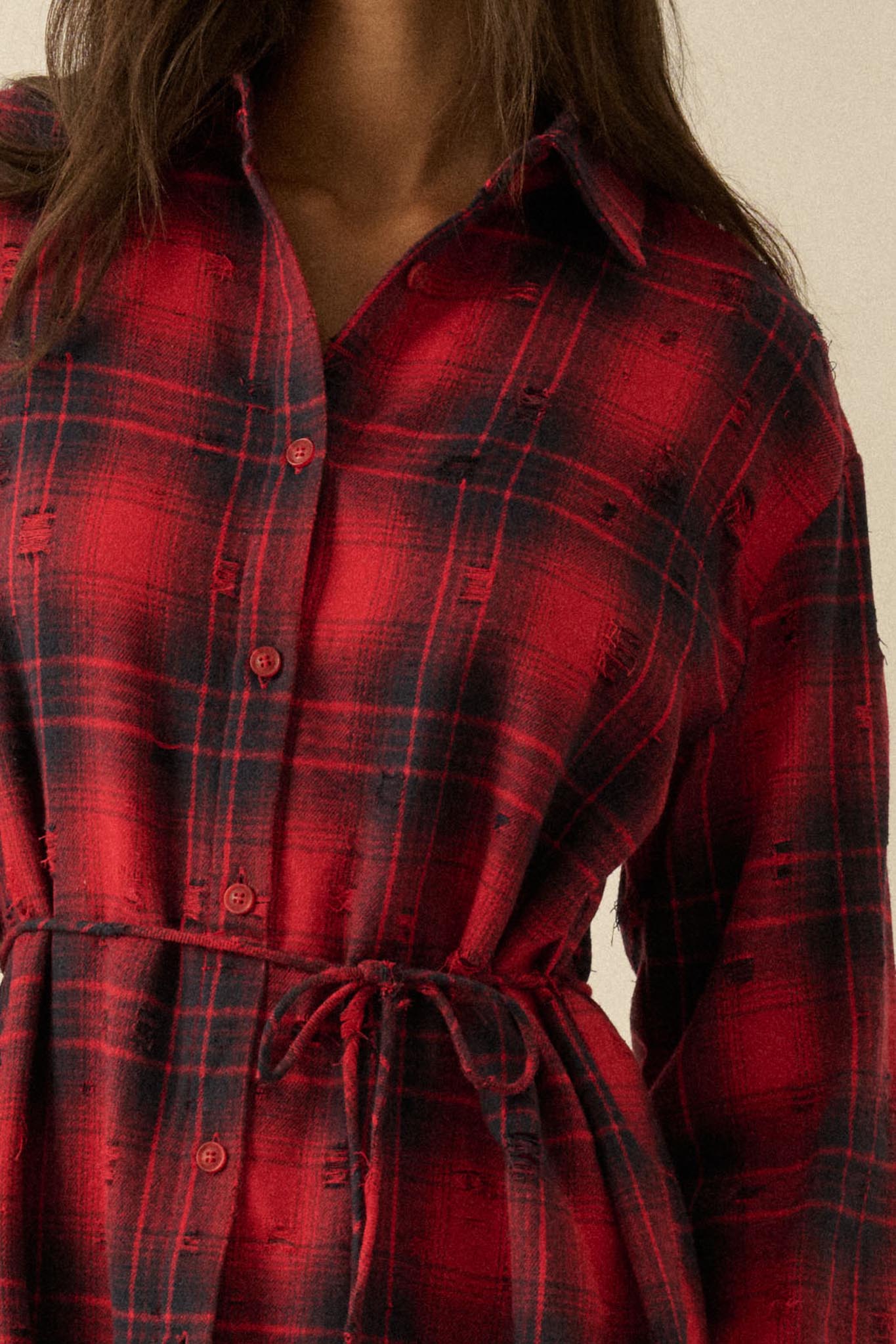 By the Fire Distressed Plaid Flannel Shirt Romper - ShopPromesa