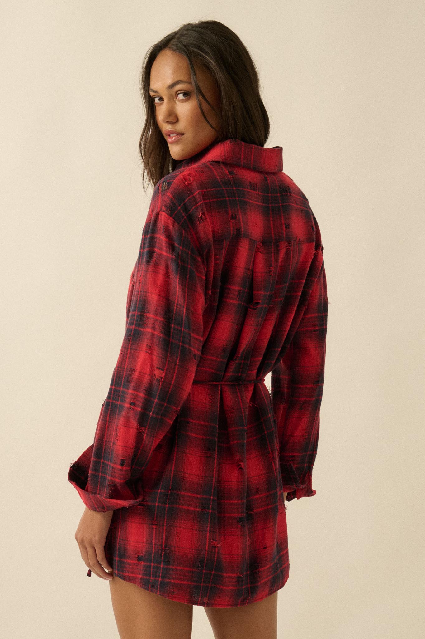 By the Fire Distressed Plaid Flannel Shirt Romper - ShopPromesa