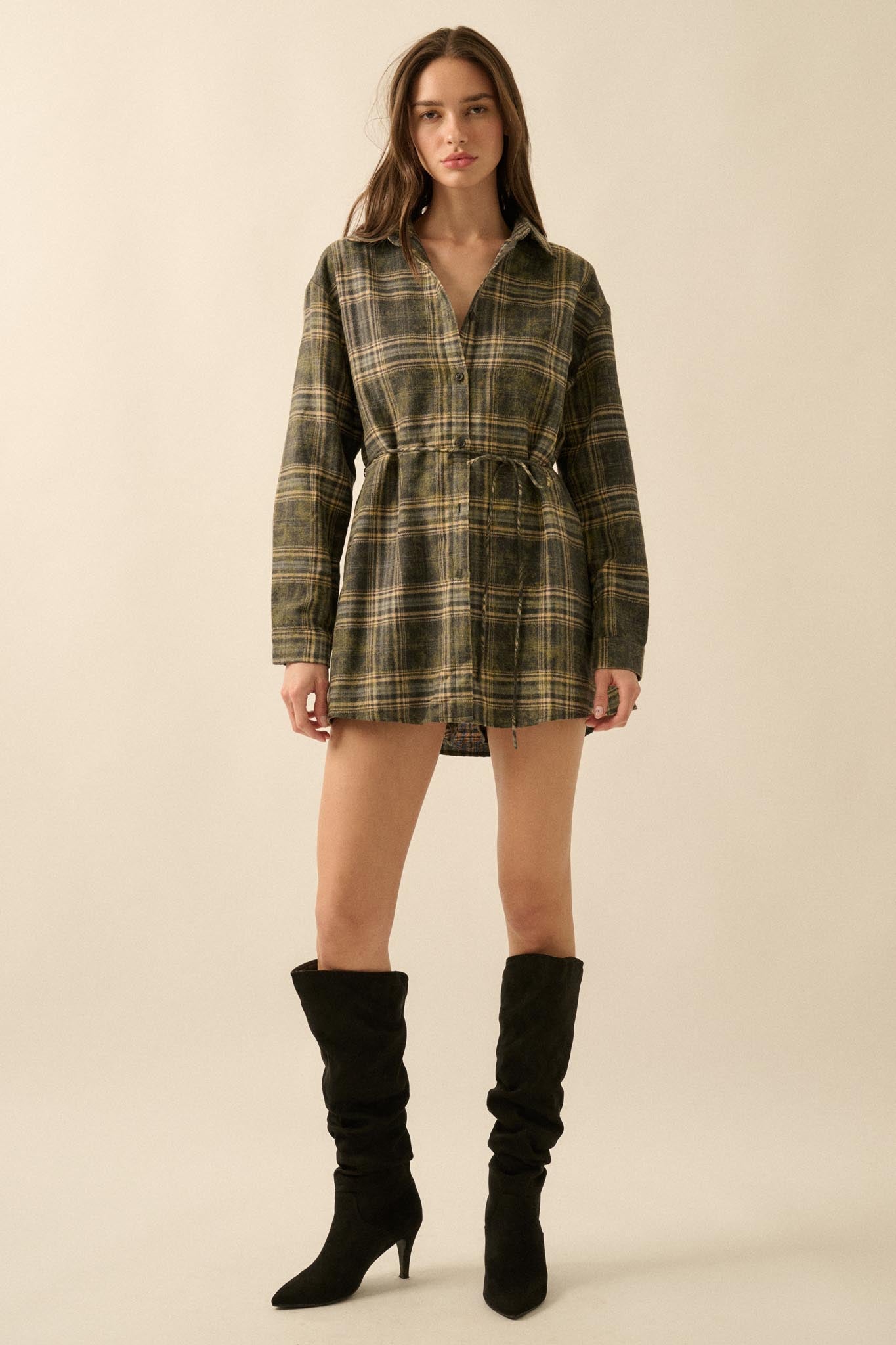 Hearth and Home Plaid Flannel Belted Shirt Romper - ShopPromesa