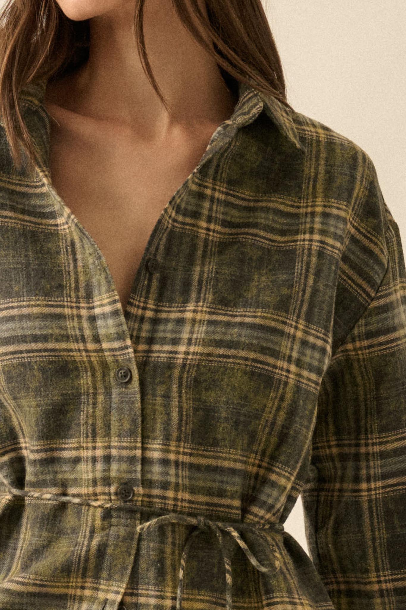 Hearth and Home Plaid Flannel Belted Shirt Romper - ShopPromesa