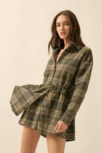 Hearth and Home Plaid Flannel Belted Shirt Romper - ShopPromesa
