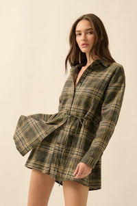 Hearth and Home Plaid Flannel Belted Shirt Romper - ShopPromesa