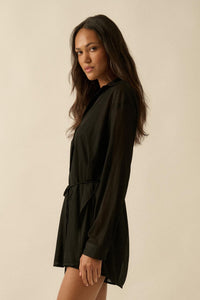 After Hours Ribbed Mesh Belted Shirt Romper - ShopPromesa