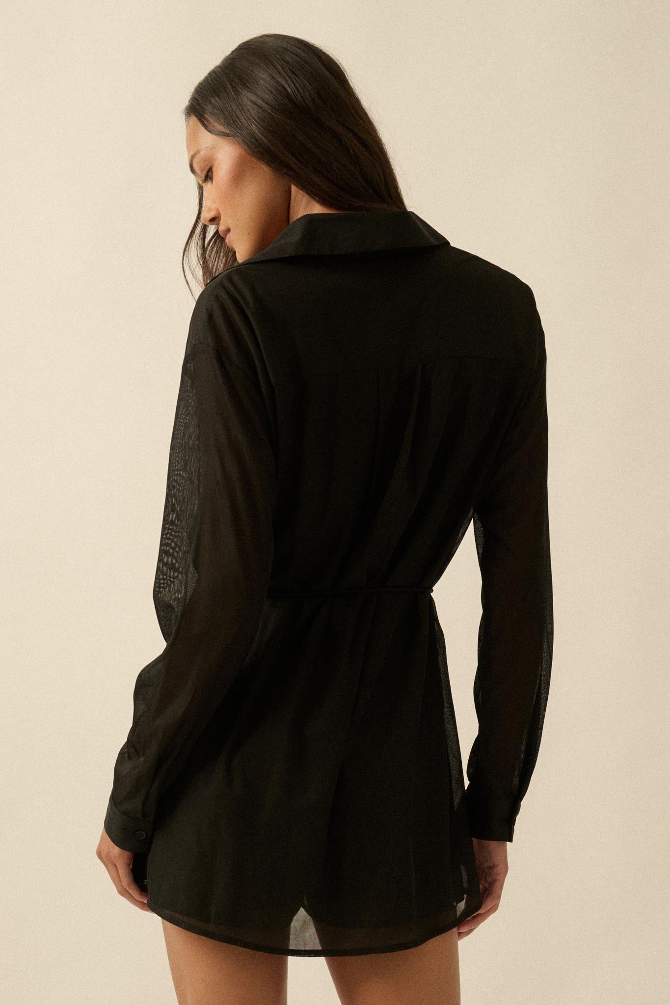 After Hours Ribbed Mesh Belted Shirt Romper - ShopPromesa