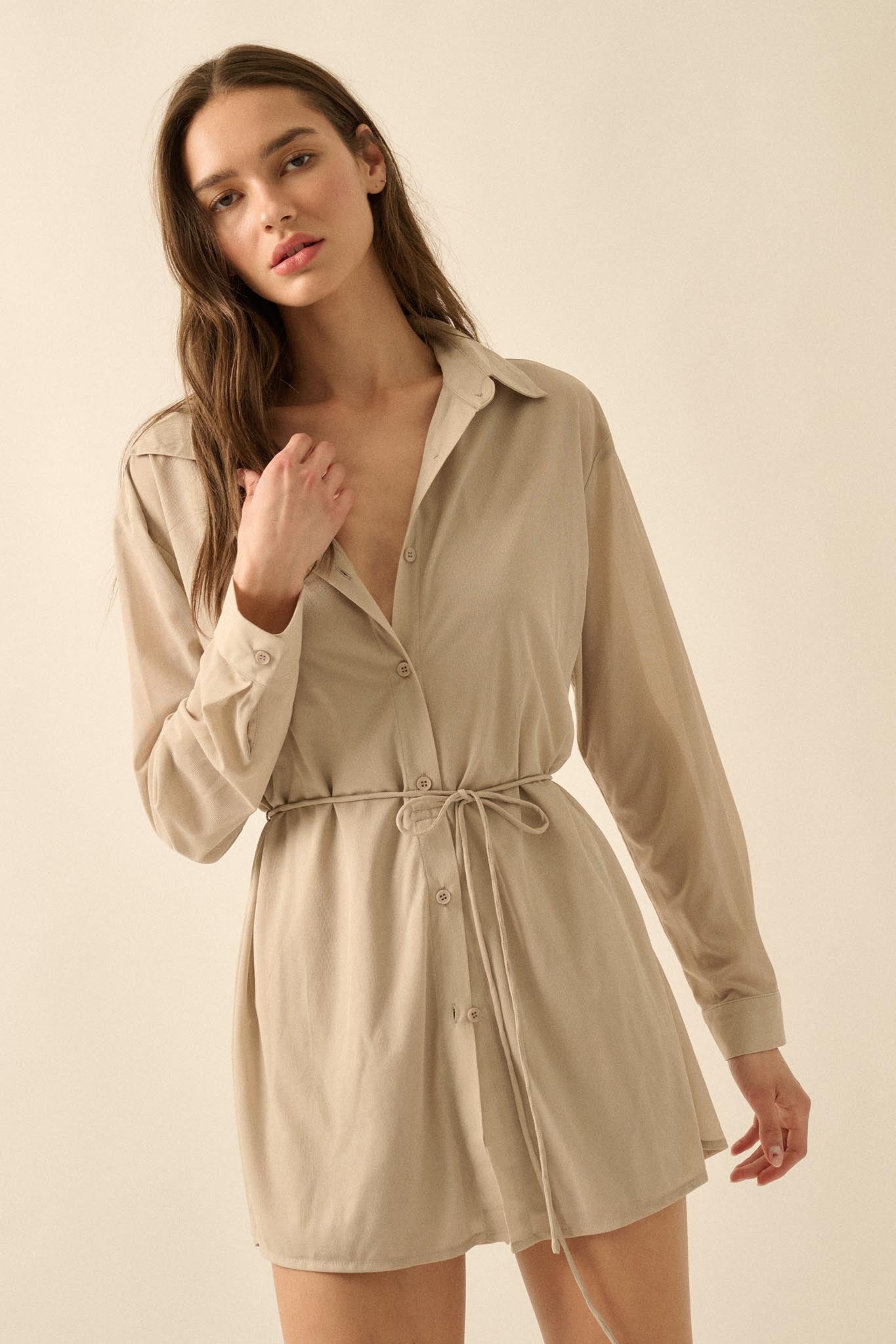 After Hours Ribbed Mesh Belted Shirt Romper - ShopPromesa
