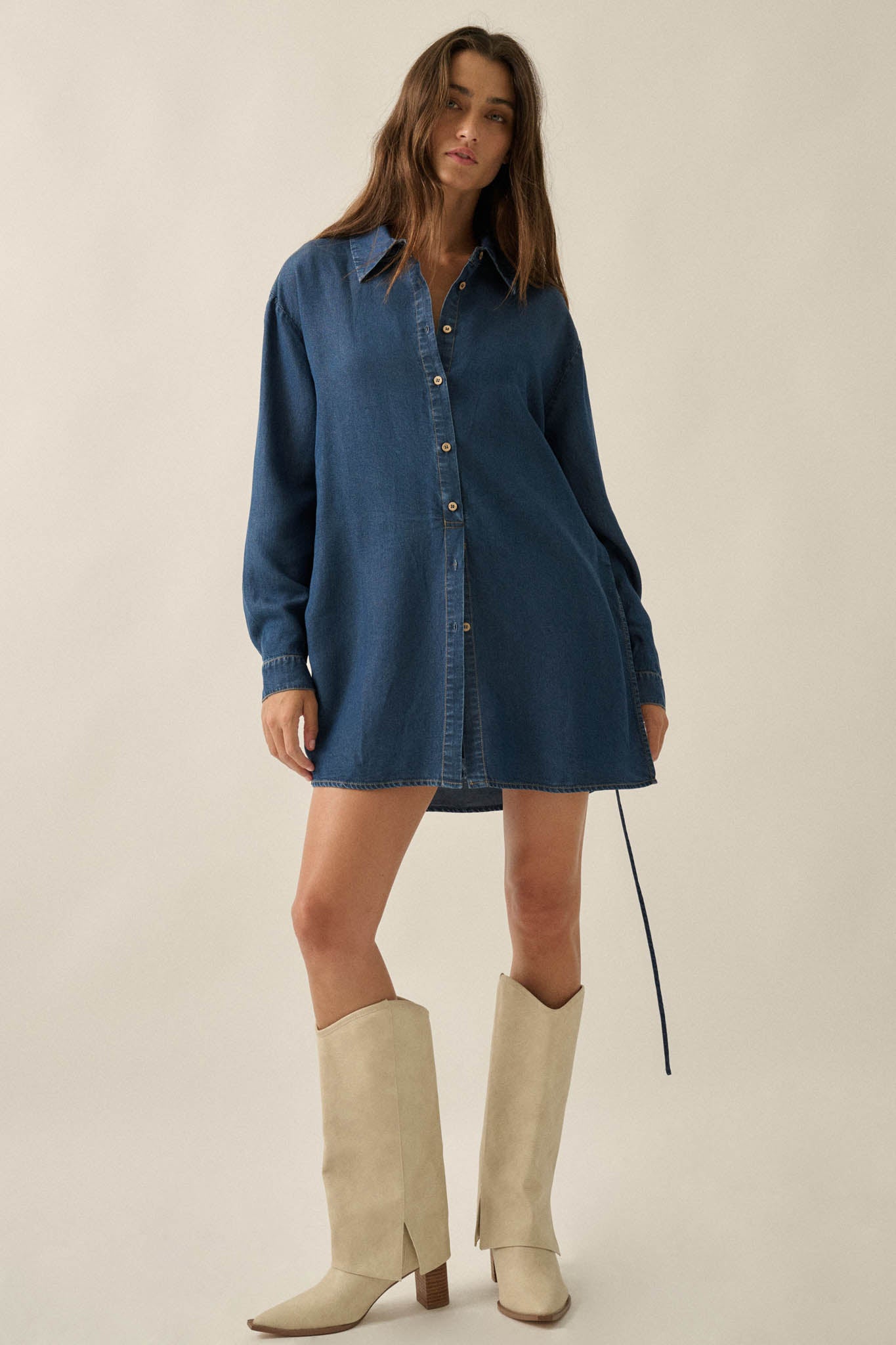 Hazy Days Denim Button-Up Belted Shirt Romper