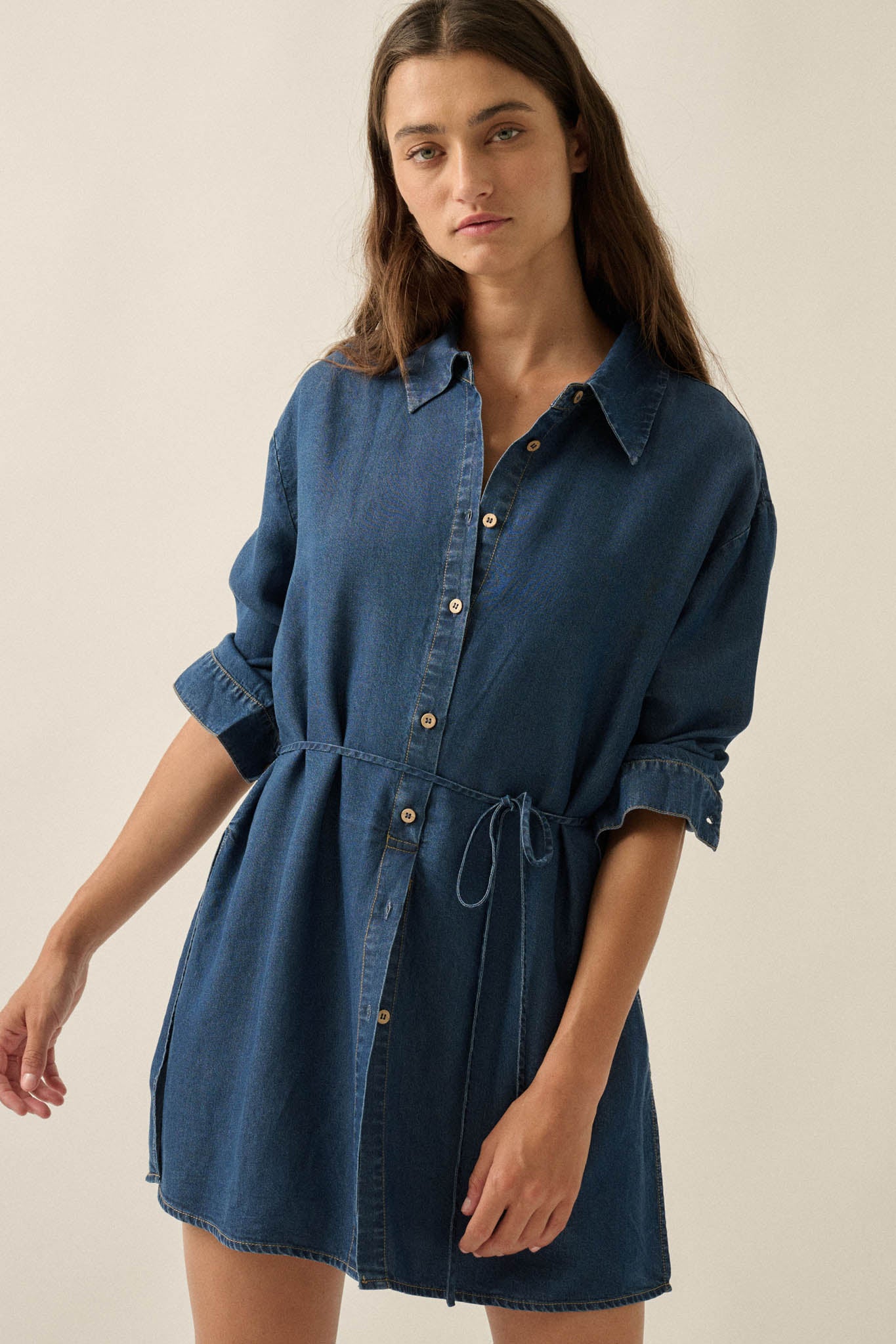 Hazy Days Denim Button-Up Belted Shirt Romper