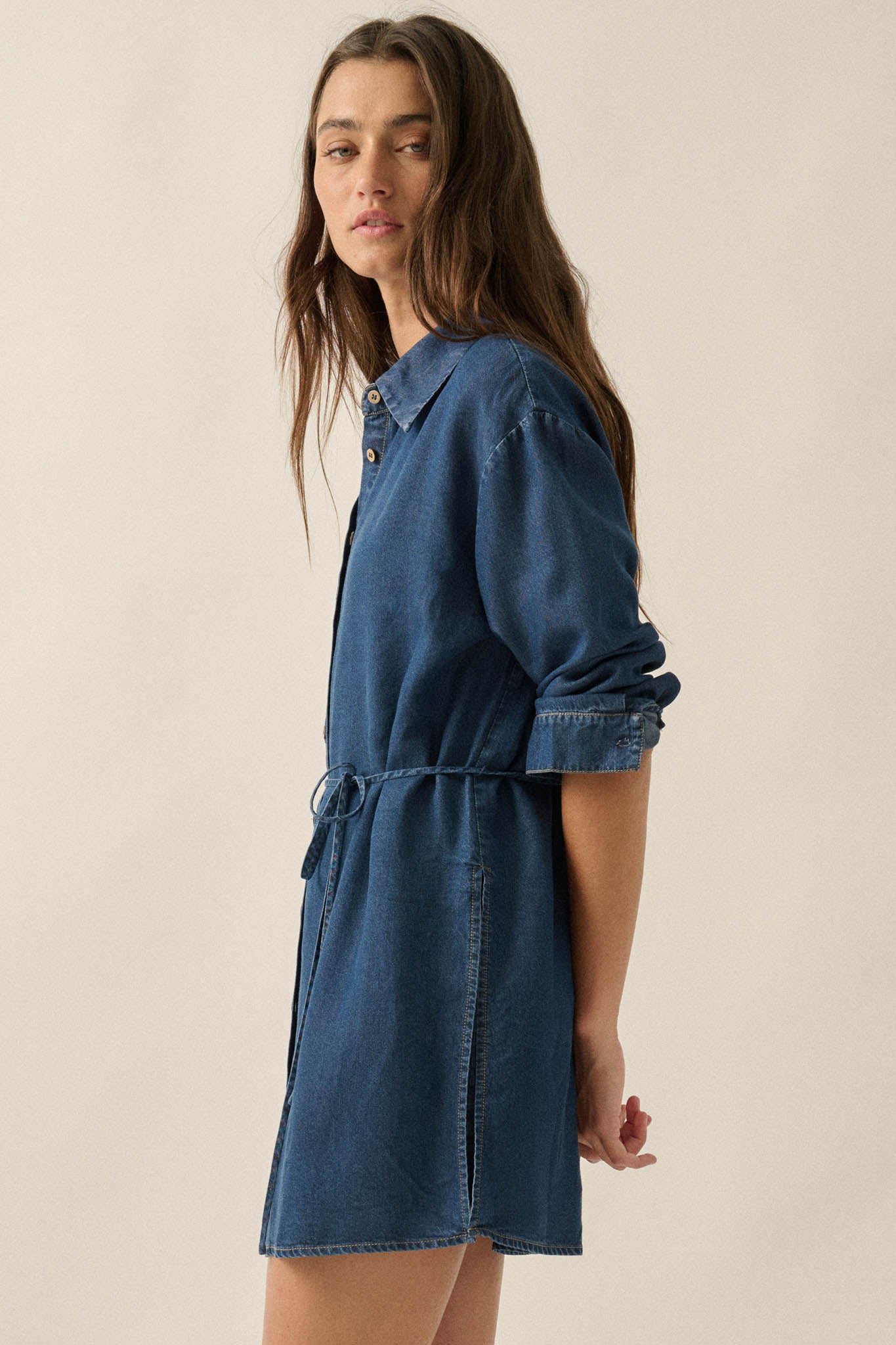 Hazy Days Denim Button-Up Belted Shirt Romper