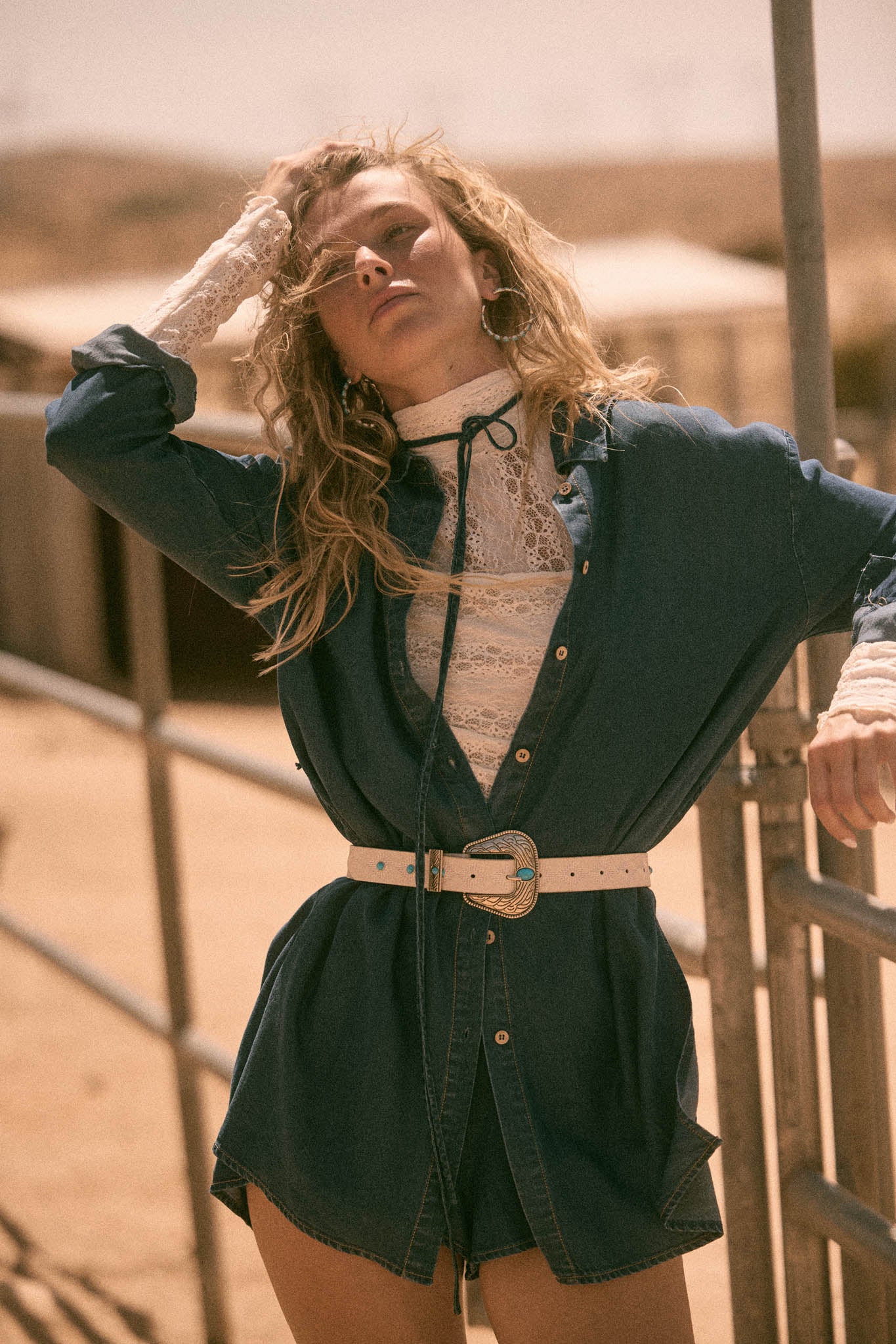 Hazy Days Denim Button-Up Belted Shirt Romper