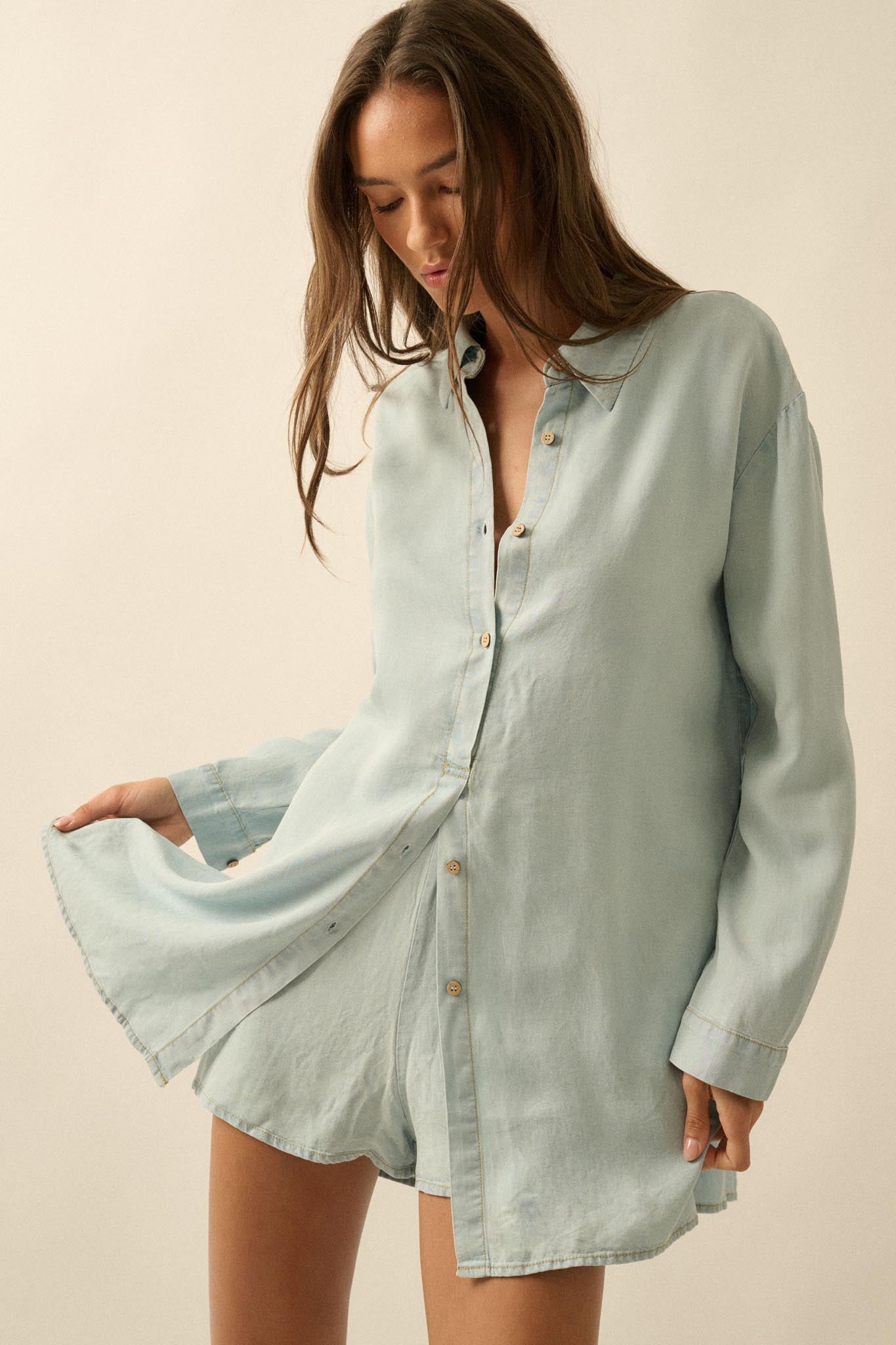 Hazy Days Denim Button-Up Belted Shirt Romper - ShopPromesa