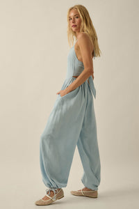 Head in the Clouds Denim Halter Balloon Jumpsuit - ShopPromesa